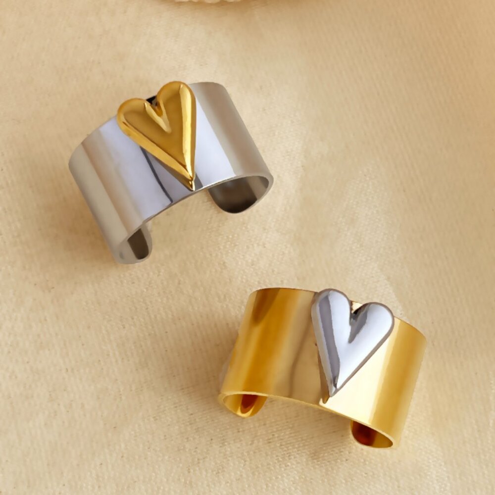 18K Gold Plated Heart Shape Open Rings, Glam Retro, Adjustable